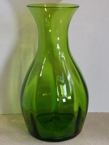 Mid Century Modern Blenko Art Glass Avocado or Olive Green Optic Vase 16 3/8"