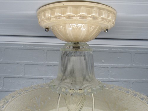 Vintage Art Deco Glass Ceiling Light Peachy Pink Rewired UL Semi Flush Mount 11" - Picture 9 of 12