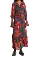 Farm Rio XS Bird Flowers Maxi Womens Dress Floral Print V Neck Tassel Midi