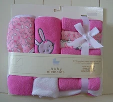 Baby Elements 9 Pc Pink White Bunny Rabbit Love Hooded Towels Washcloths