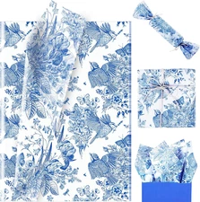 100 Sheet Blue Floral  Tissue Paper, 20X14 Chinoiserie Gift Wrapping Paper Vinta