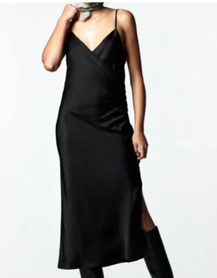 ZARA Black bloggers Favorite Slip Satin Dress WOMEN'S Deep V-neck
