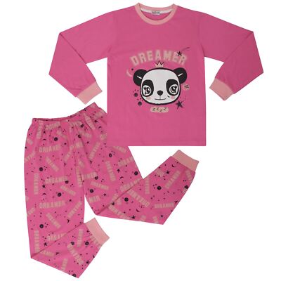 Kids Girls Pyjamas Pink Panda Animal Dreamer Print Contrast PJs