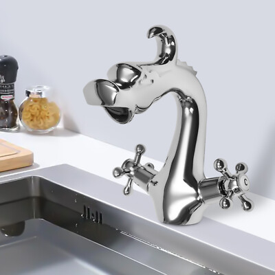 Silver Dragon Shape Two-Handle One Hole Bathroom Sink Mixer Tap Faucet Deck