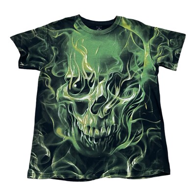 Social Media Shirt Sz M Black Green Black Smoke Flames Skull Grunge Creepy  READ