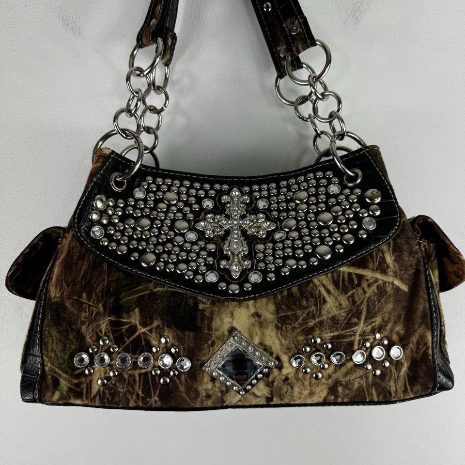 Редкий винтажный через плечо сумочка камуфляж черный Sliver крест с заклепками Western Yallternative - Изображение 2 из 4