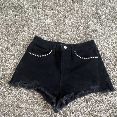 Forever 21 Black Denim Studded Cut Off Shorts 5-Pocket Button Closure 26