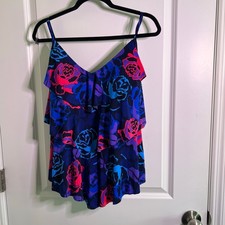 Aqua Green Floral Tankini Top XL Blue Pink Ruffle Layered Swimwear