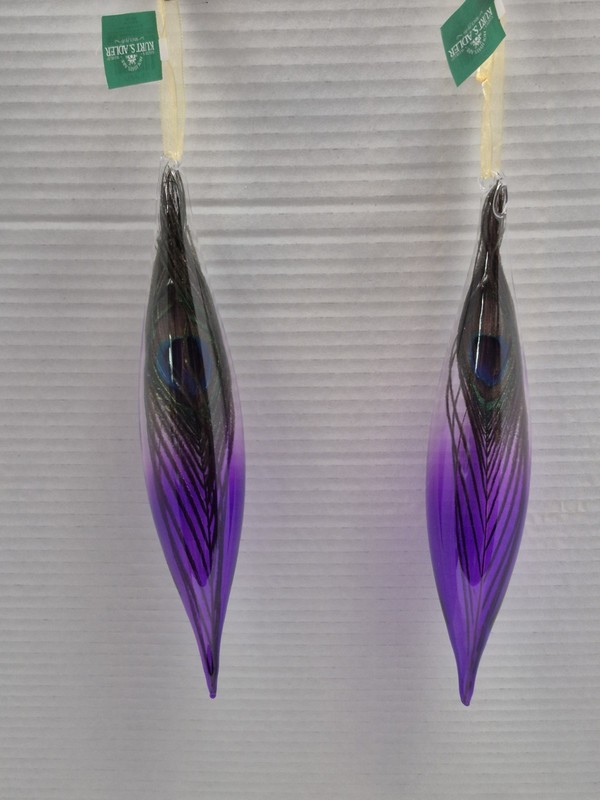 Lot Of 2 Blown Glass 10" Teardrop Ornaments with Peacock Feather Enclosed NWT