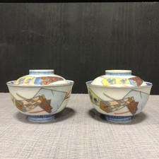Imari Iroe Noshi Pattern Covered Rice Bowls Set of 2 Antique Old Imari Nimono
