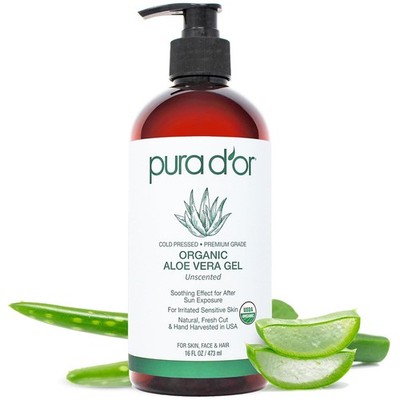 Organic Aloe Vera Gel 16oz PURA D'OR Unscented Hydrating Skin Care