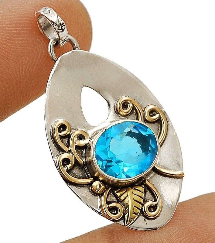 Two Tone 2CT Natural Flawless Blue Topaz 925 Sterling Silver Pendant @9-9