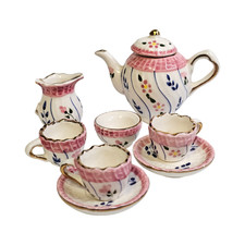 Vtg MINIATURE Tea Set of 8 Pieces White Pink Green Floral INCOMPLETE SET