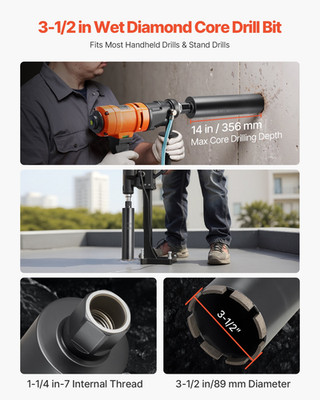Core Drill Bit, 3-1/2 inch Diameter, 14 inch Drilling Depth, and Masonry