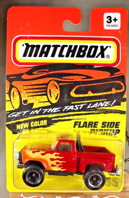 1994 Matchbox #55 Get In The Fast Lane FLARE SIDE PICKUP Red w/Ringed Flower Sp