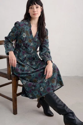 SEASALT CORNWALL Seasalt Women's Petite Rose Cottage Printed Cord Midi Dress Woodblock Bloom Dusk