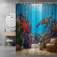 Underwater Sea Turtle Shower Curtain - Colorful Coral Reef Decor