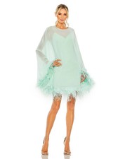 Mac Duggal Mint Green Long Sleeve Feather Trim Trapeze Minidress Size 4 $598