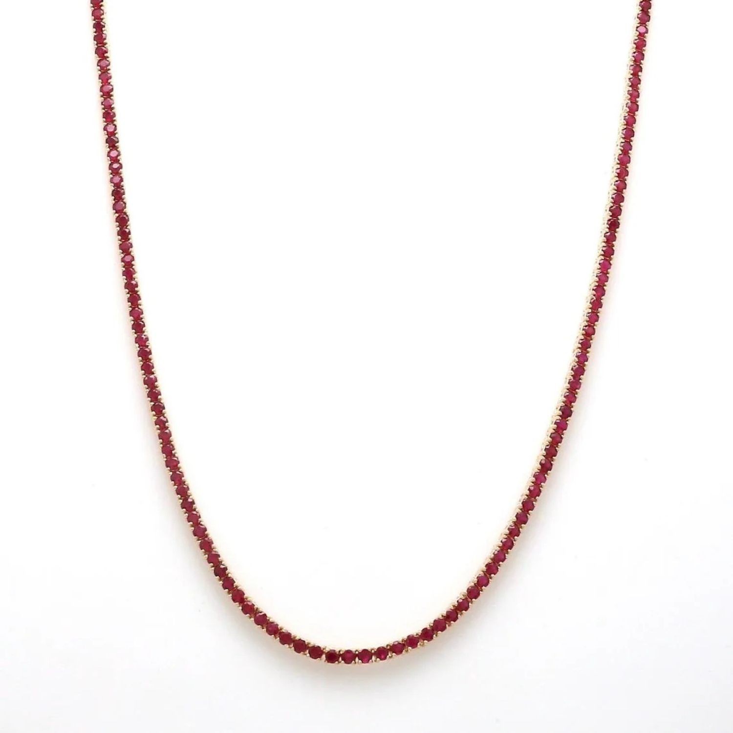 "15CT Round Natural Red Ruby Prong Set Tennis Necklace Solid 10K Yellow Gold 20\""
