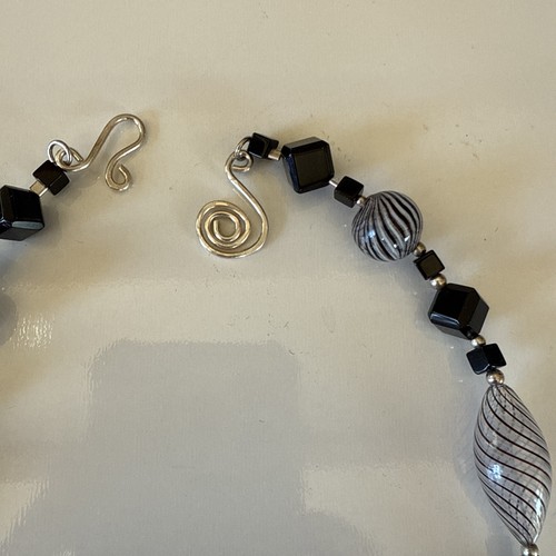 Unique 22 inch Hand Blown Glass Murano Necklace Black, White & Silver Artisan - Picture 7 of 16
