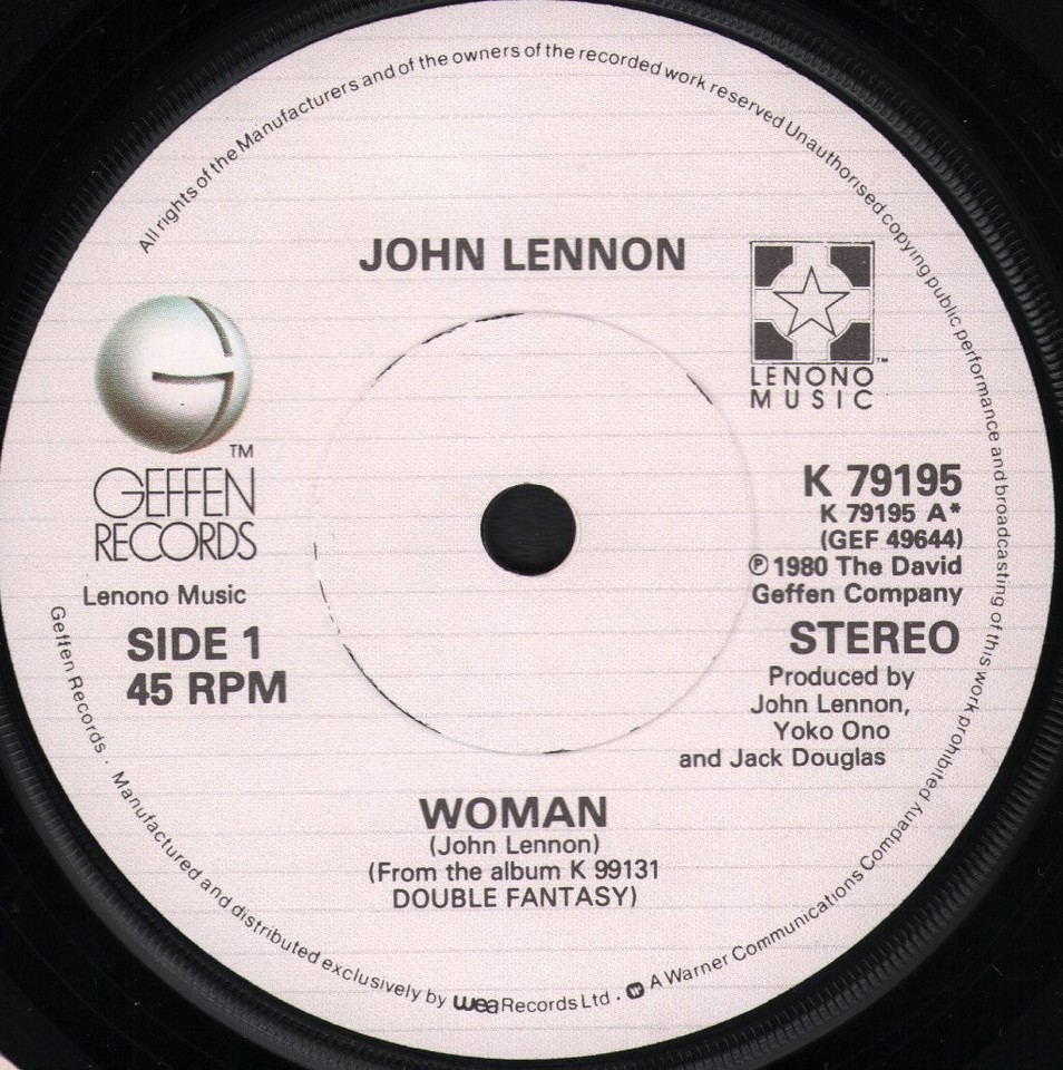 John Lennon Woman 7" Vinyl UK Geffen 1980 Yellow Writing Picture Sleeve ...