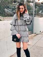 Soft Cozy Gray Layered Ruffle Trim Flounce Long Sleeve Sweater Dress Size Large