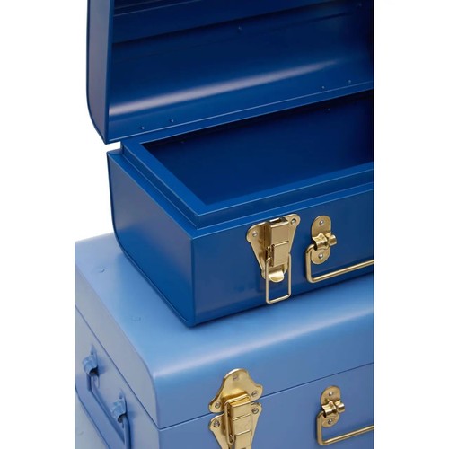 Parley Set of 3 Assorted Blue Storage Trunks Stackable Gold Clips Vintage Style - Picture 5 of 8