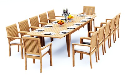 13-Pc Outdoor Teak Dining Set: 122'' XL Rectangle Table, 12 Stacking Chairs Lua
