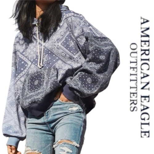 American Eagle Blue Paisley Bandana Patchwork Forever Slouchy Hoodie Sz. XS NWT