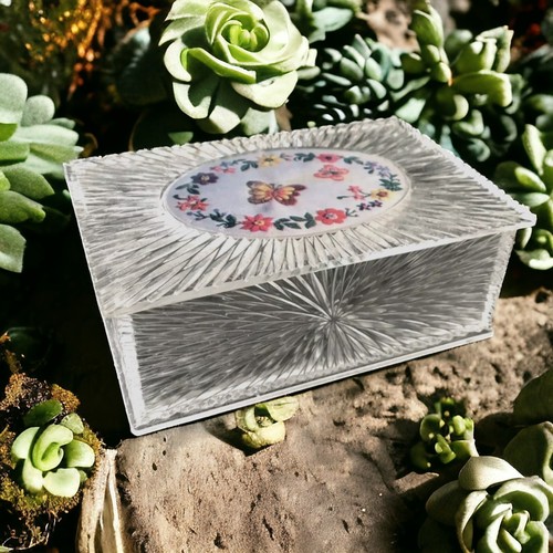 Vintage Lucite Jewelry Box Starburst Trinket Mirror 70s Clear Flowers Butterfly - Picture 13 of 17