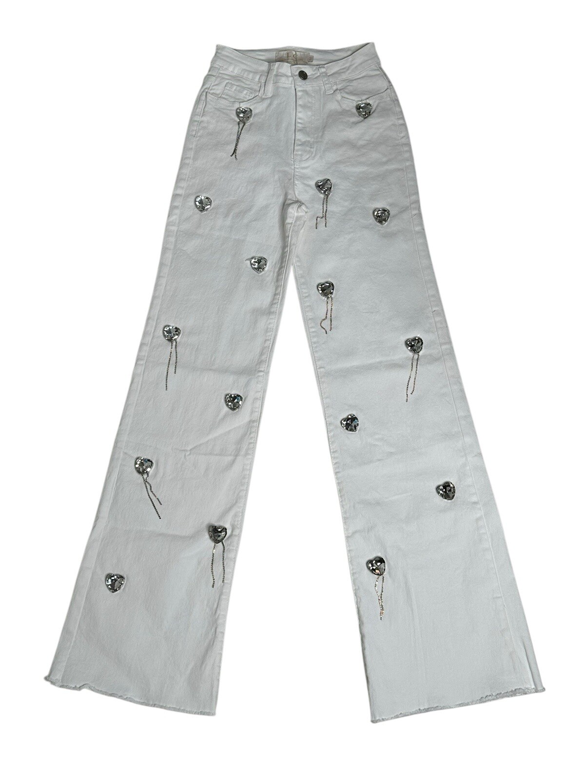 Piernas anchas pedrería metal elástico blanco denim para mujer talla 3