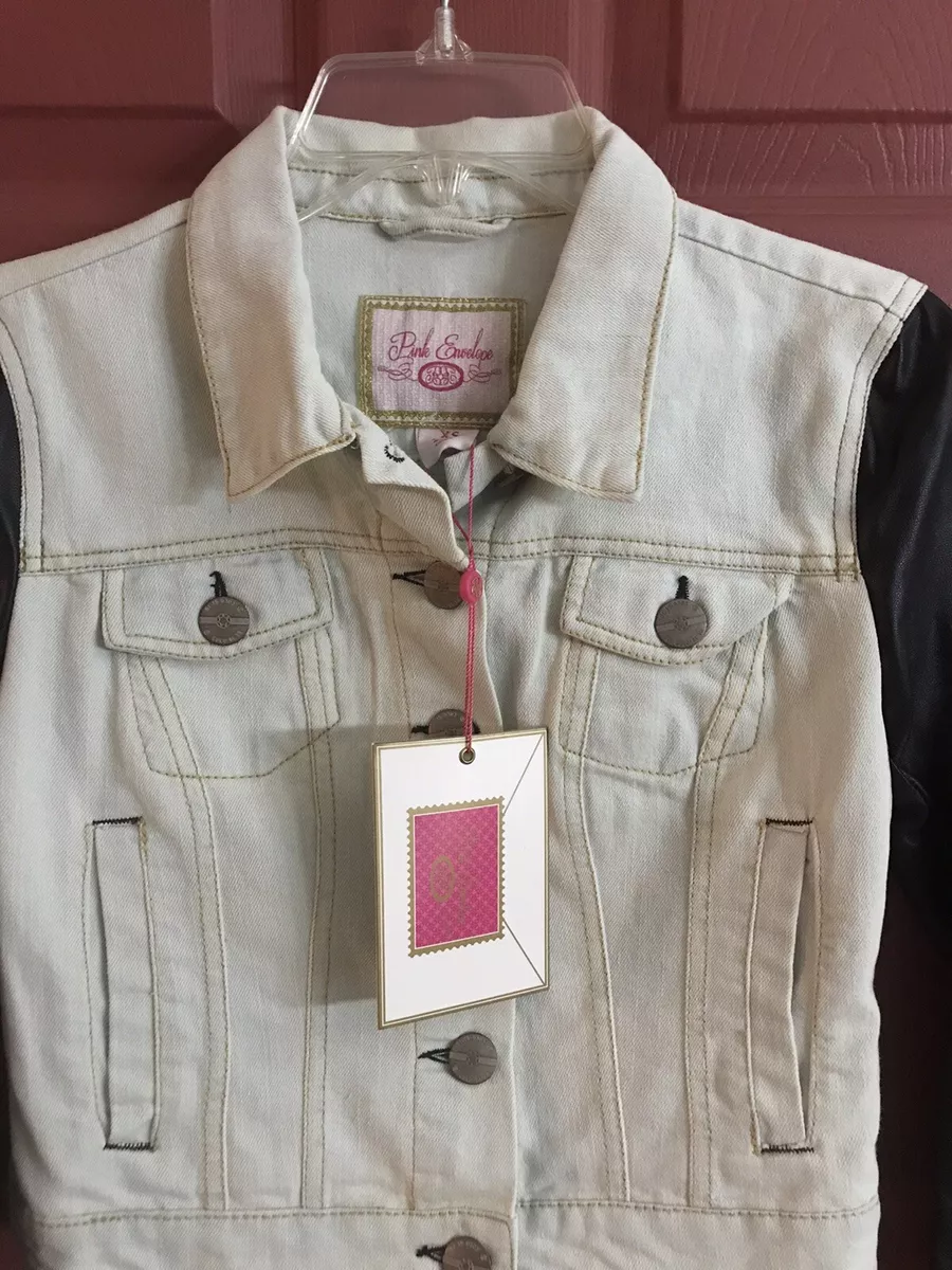 Womens Juniors NWT Pink Envelope Denim Jacket With Faux Leather Sleeves Size XS