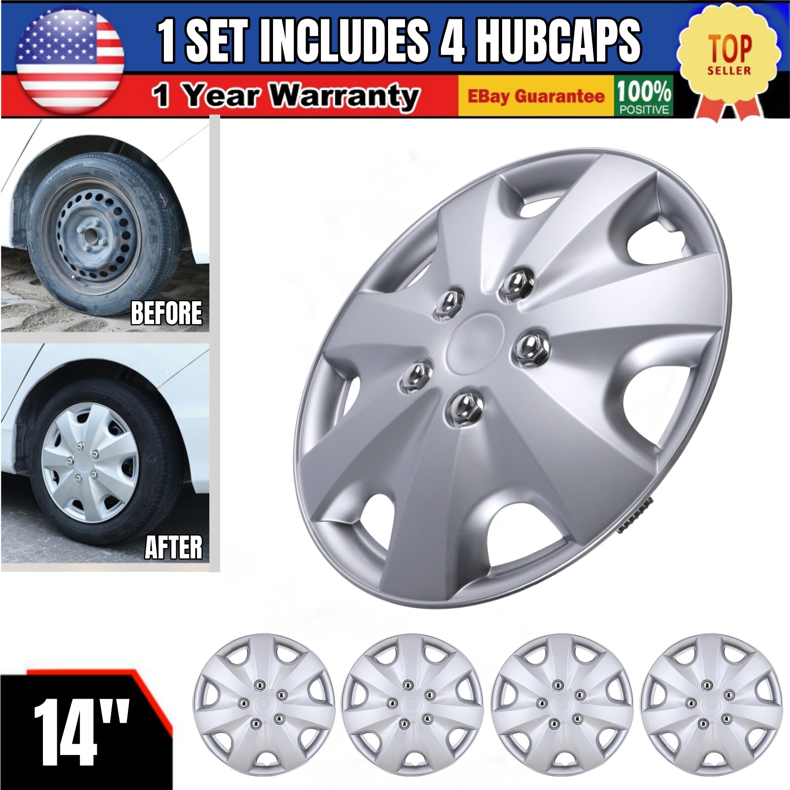 4PCS 14 Inch Hubcaps for Chevy Toyota Corolla Nissan Versa Wheel Covers