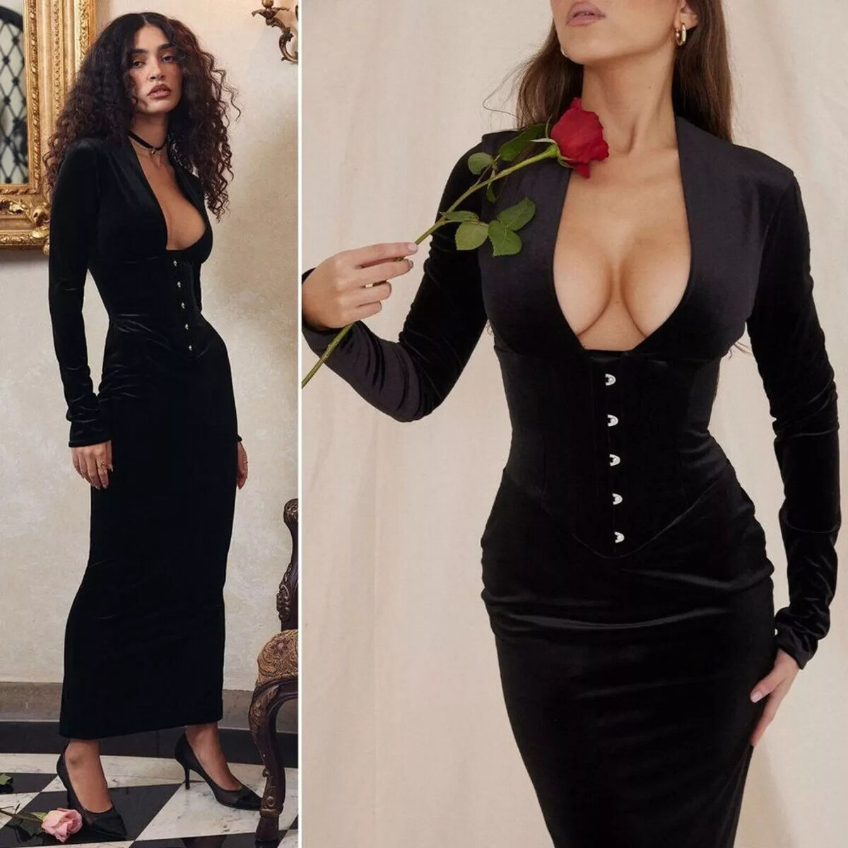 V-Collar Diamond Velvet Long Sleeve Package Hip Bodycon Dress V-Collar Diamond Velvet Long Sleeve Package Hip Bodycon Dress