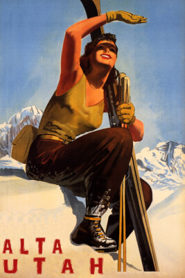 Alta Utah Snow Mountains Woman Skiing With Sun Ski Vintage Poster