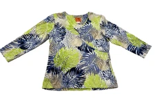 Hearts of Palm Women's Top Size Small Blue Green Tropical Palm Leaves
