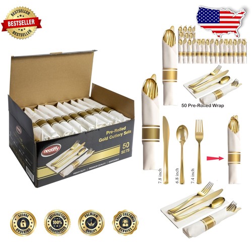 Complete 50 Pack Gold Disposable Cutlery Set for Parties & Special Occasions