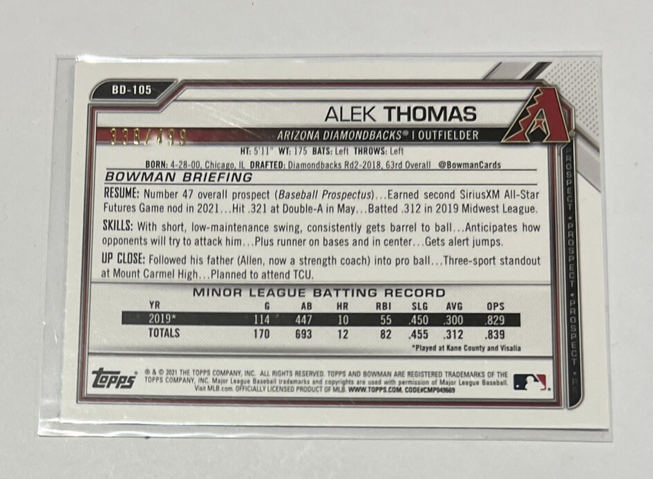 2021 Bowman Draft Paper Prospects Alek Thomas Light Blue Parallel