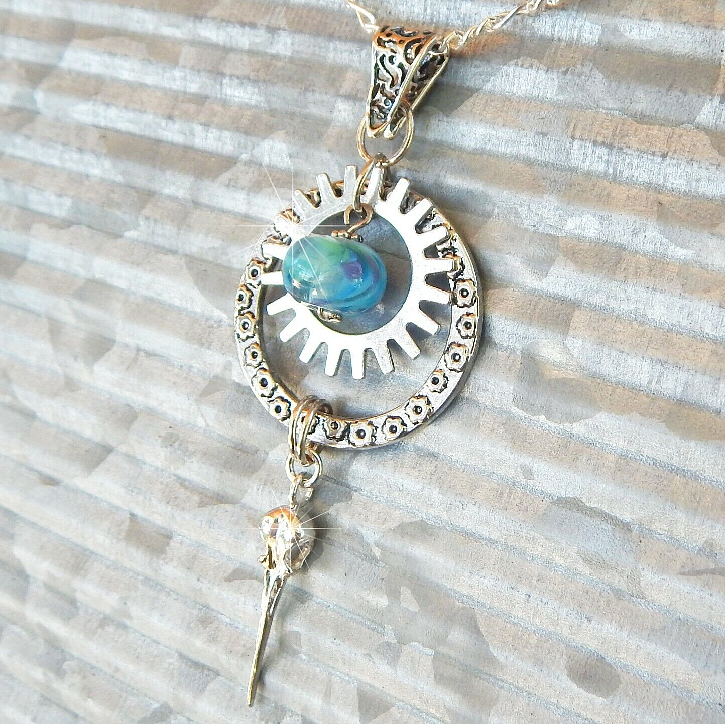 Handmade Hummingbird Skull Necklace with Lampwork Bead  -image