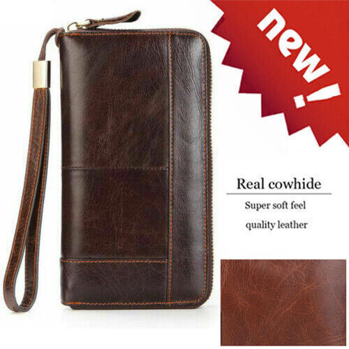 Men's Long Clutch Genuine Leather Wallet Zipper Bifold Phone Holder Coin Purse - Afbeelding 1 van 11
