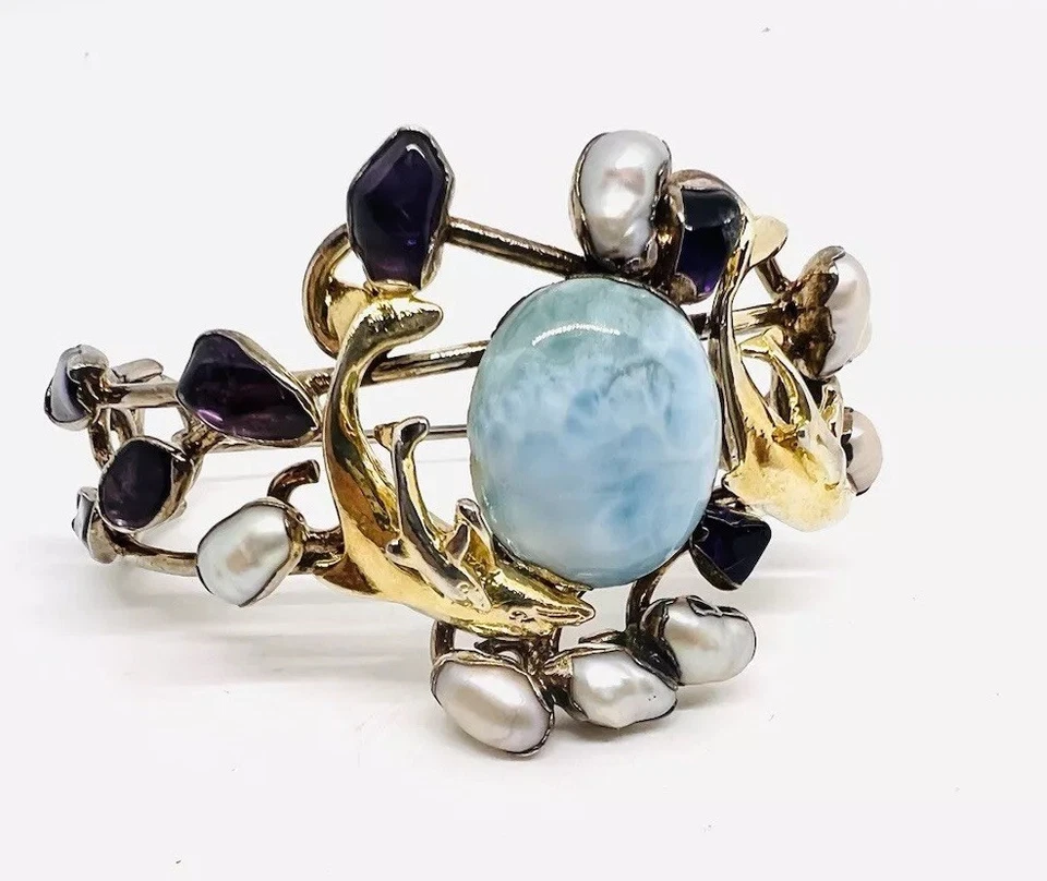 AMAZING Sterling Silver Multi Gemstone Artisan Cuff Bracelet Vermeil Dolphins - Image 2 of 4