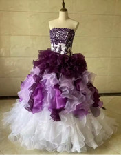 Strapless Tiered Garden Wedding Dresses For Bride Purple And White Long Puffy
