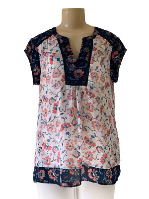 DR2 Womens Medium Top Blouse Layered White Blue Floral Cap Sleeve Split Neck
