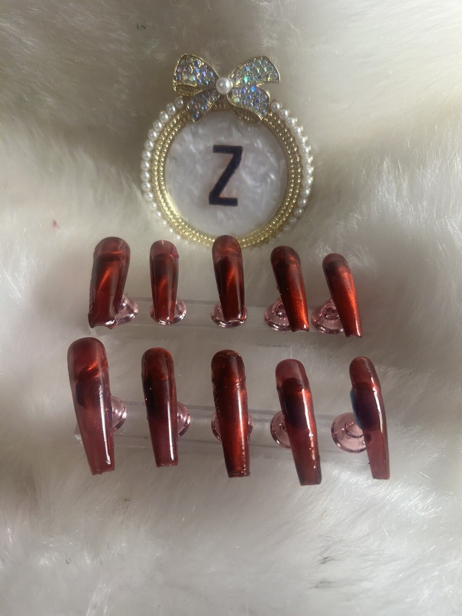 Z NAILZ! Handmade 2XL Coffin Magnetic Red 2 directional Press On