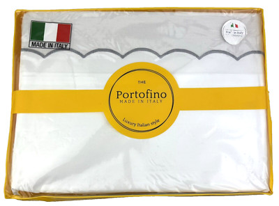 PORTOFINO QUEEN Sheet Set Made in Italy 200 TC Embroidered White Gray Scalloped