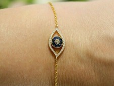 Round Simulated Blue Sapphire Evil Eye Women Bracelet In 14K Yellow Gold Plated