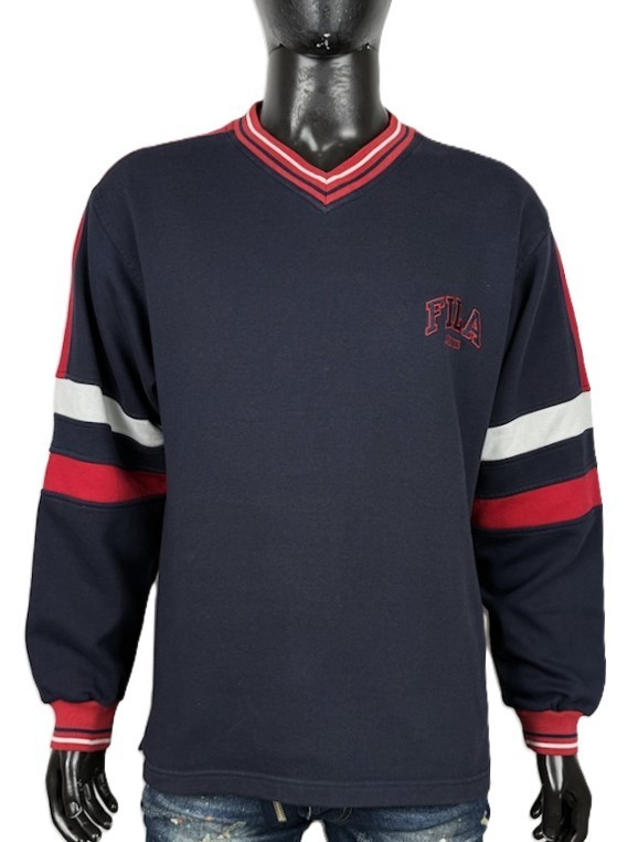 Fila Felpa Uomo Taglia 50 L Blu Navy Rosso Cotone Scollo V Vintage Style