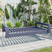 Twin Size Acacia Wood Porch Swing Bed Seating Group with Hemp Ropes for Backyard