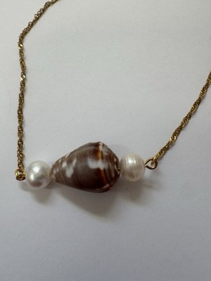 Handcrafted adjustable gold cone shell necklace w/ pearls (hand-picked shell)