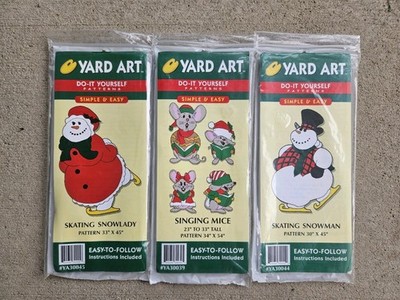 (3) Vtg Do-It Yourself Wood Yard Art Pattern Skating Mr & Mrs Snowman, Mice Lot